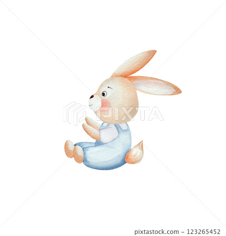 Cute watercolor bunny in a blue overalls sits. Watercolor illustration, isolated on a white background, hand drawn. For children's birthday party, card design, invitations Cute watercolor bunny in a blue overalls sits. Watercolor illustration, isolated on a white background, hand drawn. For children's birthday party, card design, invitations 123265452