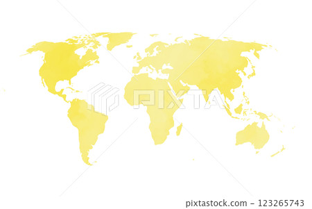 This artwork features a vector world map design rendered in a soft watercolor texture with gentle yellow hues. It emphasizes the continents and provides a creative representation of global geography. 123265743