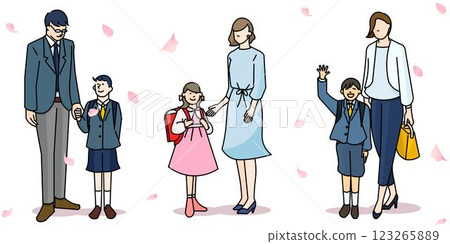 Cherry blossom petals and parents and children - full body - elementary school student graduation and enrollment simple line drawing vector illustration material Cherry blossom petals and parents and children - full body - elementary school student graduation and enrollment simple line drawing vector illustration material 123265889