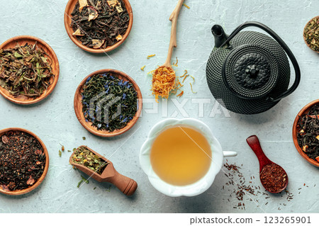 Loose tea leaves. Black, green, white tea, an assortment, with flowers etc Loose tea leaves. Black, green, white tea, an assortment, with flowers etc 123265901