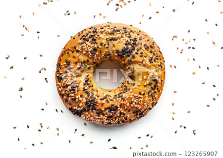 Bagel with sesame seeds, overhead flat lay shot on a white background 123265907