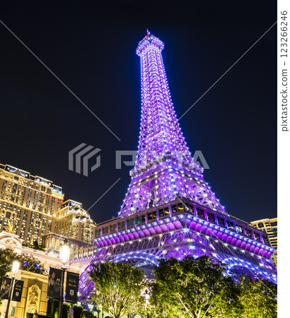 Beautiful night view of the Eiffel Tower at Parisian Macao is a casino resort on the Cotai Strip in Macau, China owned by Las Vegas Sands. 123266246
