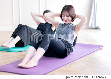 Two young women doing muscle training 123266275