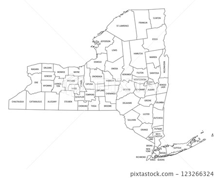 New York State subdivided into 62 counties, outline map. State of the Northeastern United States, one of the Mid-Atlantic states, nicknamed The Empire State. Map with boundaries and county names. 123266324