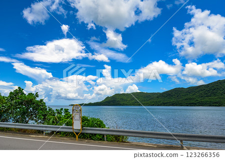A quiet bus stop found on Ishigaki Island, with the tropical blue sky and sea 123266356
