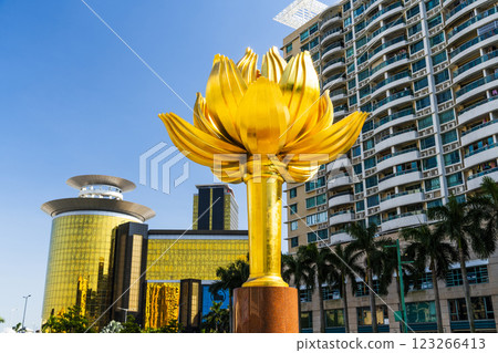 Close-up of the large sculpture (Lotus Flower In Full Bloom) at Lotus Square in Macau, China. Close-up of the large sculpture (Lotus Flower In Full Bloom) at Lotus Square in Macau, China. 123266413
