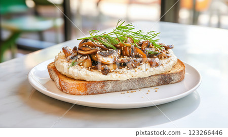 Whole grain toast topped with hummus, sauteed mushrooms, rosemary, egg white foam, sesame seeds, and tahini sauce on a sleek marble surface. Soft lighting enhances textures. 123266446
