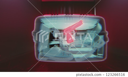 VFX Graphics Visualizing Inside of the Suitcase Illuminated by X-ray Scanner. Alert of Detected Gun VFX Graphics Visualizing Inside of the Suitcase Illuminated by X-ray Scanner. Alert of Detected Gun 123266516