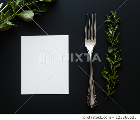 Elegant Silverware with Blank Menu on Dark Background 123266523
