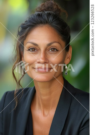 Confident mature Maori descent female with earrings smiling outdoors. Confident mature Maori descent female with earrings smiling outdoors. 123266528