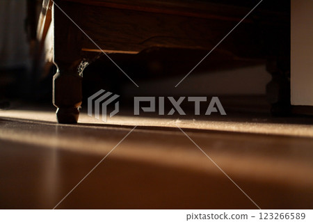 Dust and cobwebs under furniture in sunlight - dirt in hard-to-reach places. Dust and cobwebs under furniture in sunlight - dirt in hard-to-reach places. 123266589