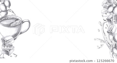 Rectangular frame with glass of alcohol, chocolate, and coffee. Isolated pencil illustration of alcohol for restaurant interior design, men's clubs, menu and bar menu, alcohol labels. 123266670