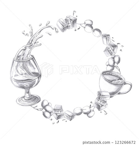 Round frame with cognac, chocolate, and coffee. Isolated pencil illustration of alcohol for restaurant interior design, men's clubs, menu and bar menu, alcohol labels. Round frame with cognac, chocolate, and coffee. Isolated pencil illustration of alcohol for restaurant interior design, men's clubs, menu and bar menu, alcohol labels. 123266672