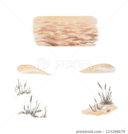 Set of landscape elements for landscape designer - dry grass, sand, hillocks. Isolated watercolor illustrations of beach sand for design of advertising brochures of travel agencies on beach holidays. 123266679