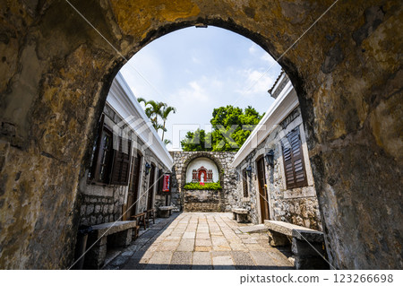 Replica cannon and defense wall of Mount Fortress, Fortaleza do Monte is located in Santo Antonio in Macau. The fort is one of the UNESCO World Heritage. Replica cannon and defense wall of Mount Fortress, Fortaleza do Monte is located in Santo Antonio in Macau. The fort is one of the UNESCO World Heritage. 123266698