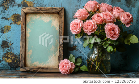 Elegant Blank Frame with Pink Roses on a Textured Background 123266756