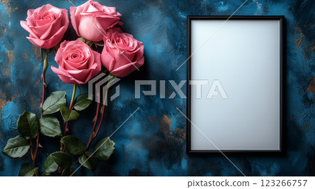 Elegant Blank Frame with Pink Roses on a Textured Background 123266757