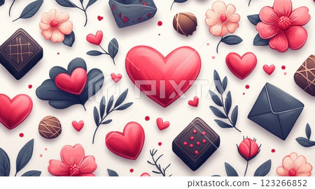A delightful pattern featuring vibrant red hearts, chocolate truffles, floral accents, leaves, and decorative envelopes on a bright background. Perfect for expressing love and romantic celebrations. 123266852