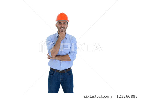Portrait of young construction engineer wear orange hardhat, standing on white background with copy space. 123266883