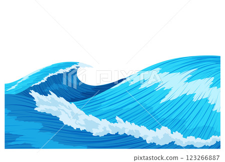 Ocean waves, splash water, marine sea storm element. Blue sea or ocean wave with spray, foam on crest. Vector illustration Ocean waves, splash water, marine sea storm element. Blue sea or ocean wave with spray, foam on crest. Vector illustration 123266887