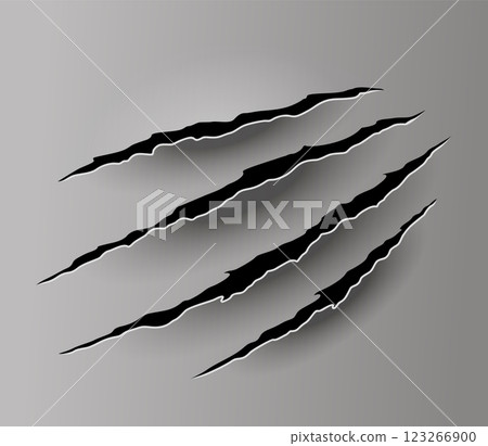 Bear or tiger claw mark. Scratches and torn traces of vector animal paw slashes. Hole in sheet of paper with torn edges. Vector illustration 123266900