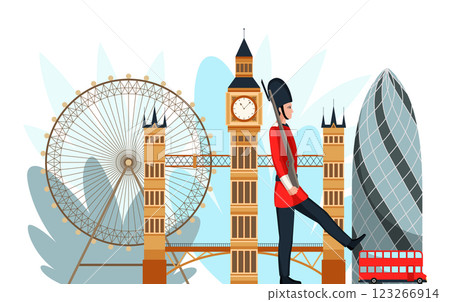 Great Britain tourist attractions set. Welcome to England or world famous UK symbols. London sights which attract tourists. Vector cartoon illustration 123266914