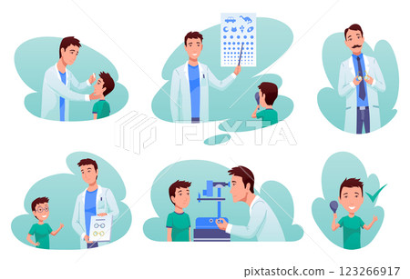 Eyesight diagnostics icon set. Optometrist checking kid eyesight with spectacles medical equipment. Ophthalmologist doctor examining eyesight vision of patient. Ophthalmology clinic Eyesight diagnostics icon set. Optometrist checking kid eyesight with spectacles medical equipment. Ophthalmologist doctor examining eyesight vision of patient. Ophthalmology clinic 123266917