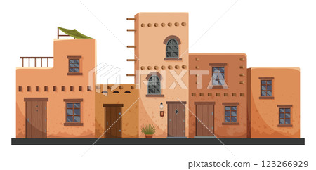 Adobe houses. Traditional building illustrate craftsmanship of rustic architecture. Construction with wooden elements. Vector cartoon illustration 123266929
