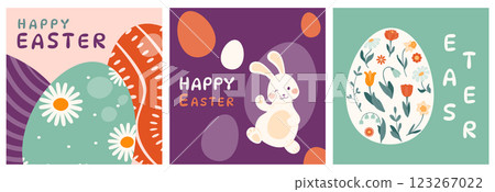 Set of Easter greeting cards. Backgrounds with painted Easter eggs, Easter bunny and spring flowers. Vector illustration in a flat style. 123267022