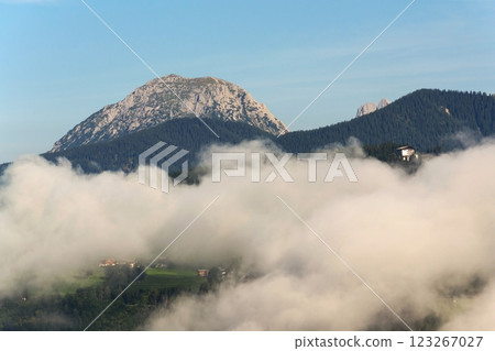 Fog in valley over Schladming, Dachstein Mountains, Northern Limestone Alps, Austria 123267027