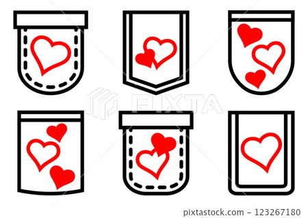 A collection of six minimalist vector pocket designs with red hearts, perfect for Valentine's Day, love-themed crafts, embroidery, and digital designs. Clean black outlines with romantic elements A collection of six minimalist vector pocket designs with red hearts, perfect for Valentine's Day, love-themed crafts, embroidery, and digital designs. Clean black outlines with romantic elements 123267180