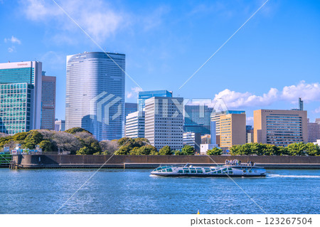 日本東京城市景觀的新景觀。眺望汐留和Emeraldas的建築物 日本東京城市景觀的新景觀。眺望汐留和Emeraldas的建築物 123267504