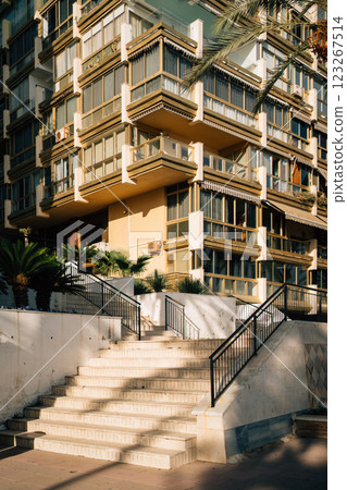 An outdoor staircase illuminated by sunlight with palm shadows on the steps, leading up to an 123267514