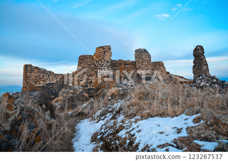 Abandoned castle. Castle ruins. Destroyed walls of an old fort. Old architecture. Abandoned castle. Castle ruins. Destroyed walls of an old fort. Old architecture. 123267537