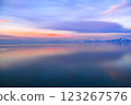 Beautiful sunset over the lake. Sunrise on the sea. Beautiful landscape with lake, mountains and sunset. Reflection in the water	 123267576
