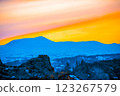 Multicolored sky at sunset. Sky with different colors - orange, red, yellow, blue. Sunrise and fiery sky.	 123267579