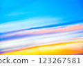 Multicolored sky at sunset. Sky with different colors - orange, red, yellow, blue. Sunrise and fiery sky.	 123267581