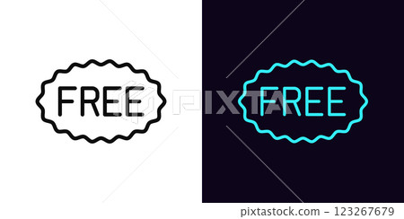 Outline Free tag, with editable stroke. Wavy promo tag with text Free, shopping advertisement. Free gift and bonus offer, gratis prize, offer without payment, zero cost and price. Vector icon 123267679