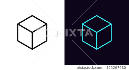 Outline cube icon, with editable stroke. Isometric cube wireframe, cubic shape, geometric figure. Wireframe cuboid, square block model, cubic structure and form, abstract hexahedron. Vector icon 123267680