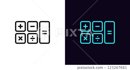 Outline calculator icon, with editable stroke. Investment calculator, mortgage calculation, budget balance estimation. Finance education, maths, expense accounting, financial management. Vector icon 123267681