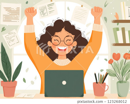Happy woman celebrating success at desk with laptop and plants 123268012