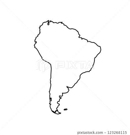 A clean silhouette outline of the South America continent map showcases its distinctive shape. This representation emphasizes geographical features and regional boundaries. 123268115