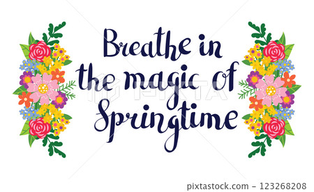 Cute Breath in the magic of Springtime lettering greeting card with floral composition, frame for Spring season. Bright horizontal floral decoration for greeting card, social media post, poster, etc. Cute Breath in the magic of Springtime lettering greeting card with floral composition, frame for Spring season. Bright horizontal floral decoration for greeting card, social media post, poster, etc. 123268208