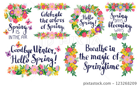 Cute collection of Spring lettering for cards or posters with bright floral compositions, wreaths, dividers, frames for Spring season. Cute collection of Spring lettering for cards or posters with bright floral compositions, wreaths, dividers, frames for Spring season. 123268209