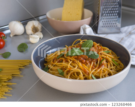 Balanesi pasta gleaming with vibrant tomato sauce, fresh basil scattered, raw spaghetti and garlic surrounding plated dish on textured gray surface 123268466