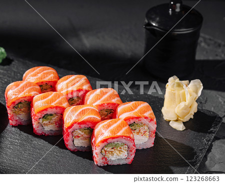 Colorful sushi arrangement showcasing salmon and crab flavors 123268663