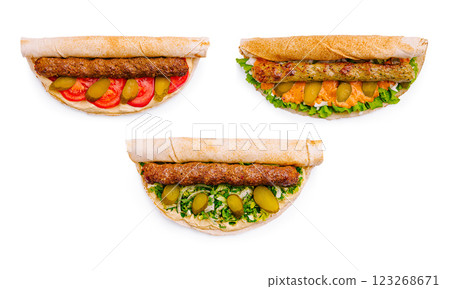 Tasty wraps with grilled meats and fresh veggies 123268671