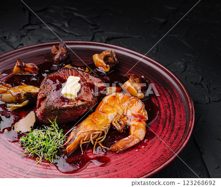 Gourmet dish featuring steak and shrimp on an elegant plate 123268692