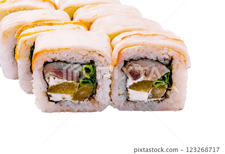 Fresh sushi rolls on a white background Fresh sushi rolls on a white background 123268717