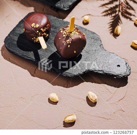 Chocolate coated treats with pistachios on slate serving board Chocolate coated treats with pistachios on slate serving board 123268757